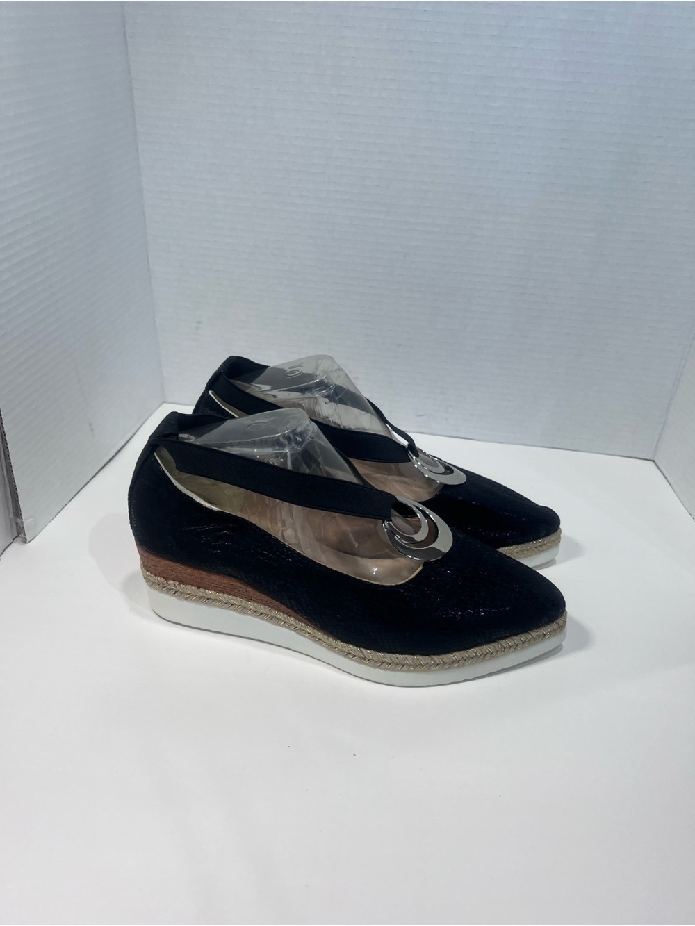 Unlisted Black Wedge Espadrille Slip-Ons with Silver Accent